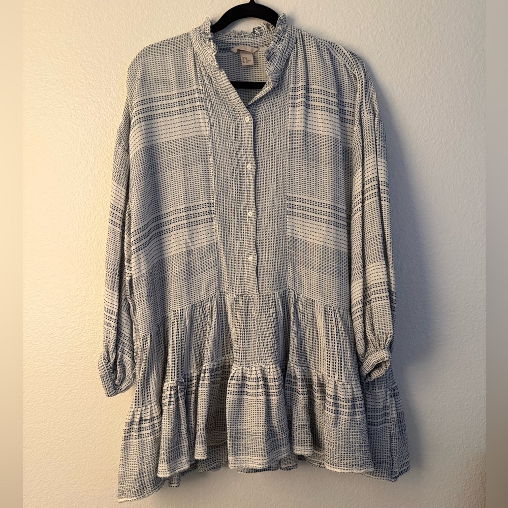 H&M Women Blue and White Plaid Button-Up Tunic Dress XS